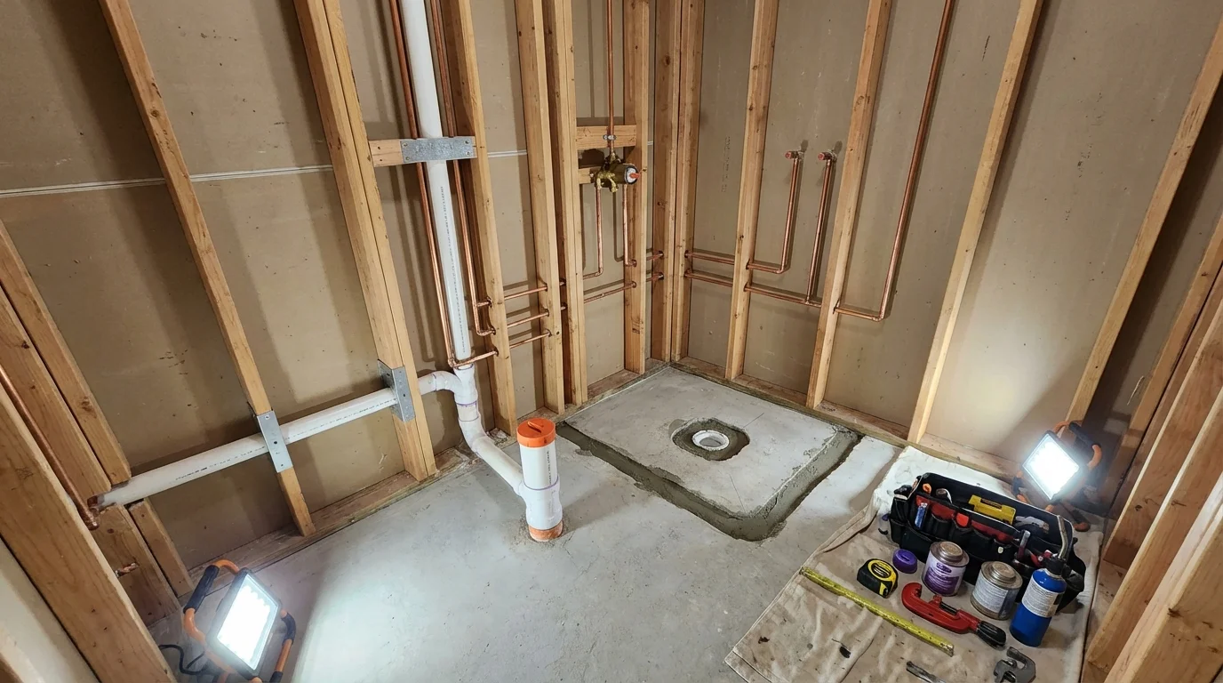 Bathroom rough-in plumbing during remodel by Johns Plumbing LLC in Kaneohe