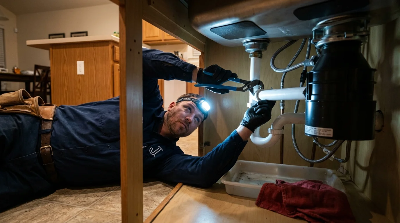 P-trap and supply line connections under a kitchen sink showing a common leak point in Kaneohe, HI